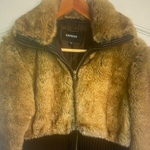 Express Y2K Faux Fur Teddy Jacket in Brown and Dark Brown